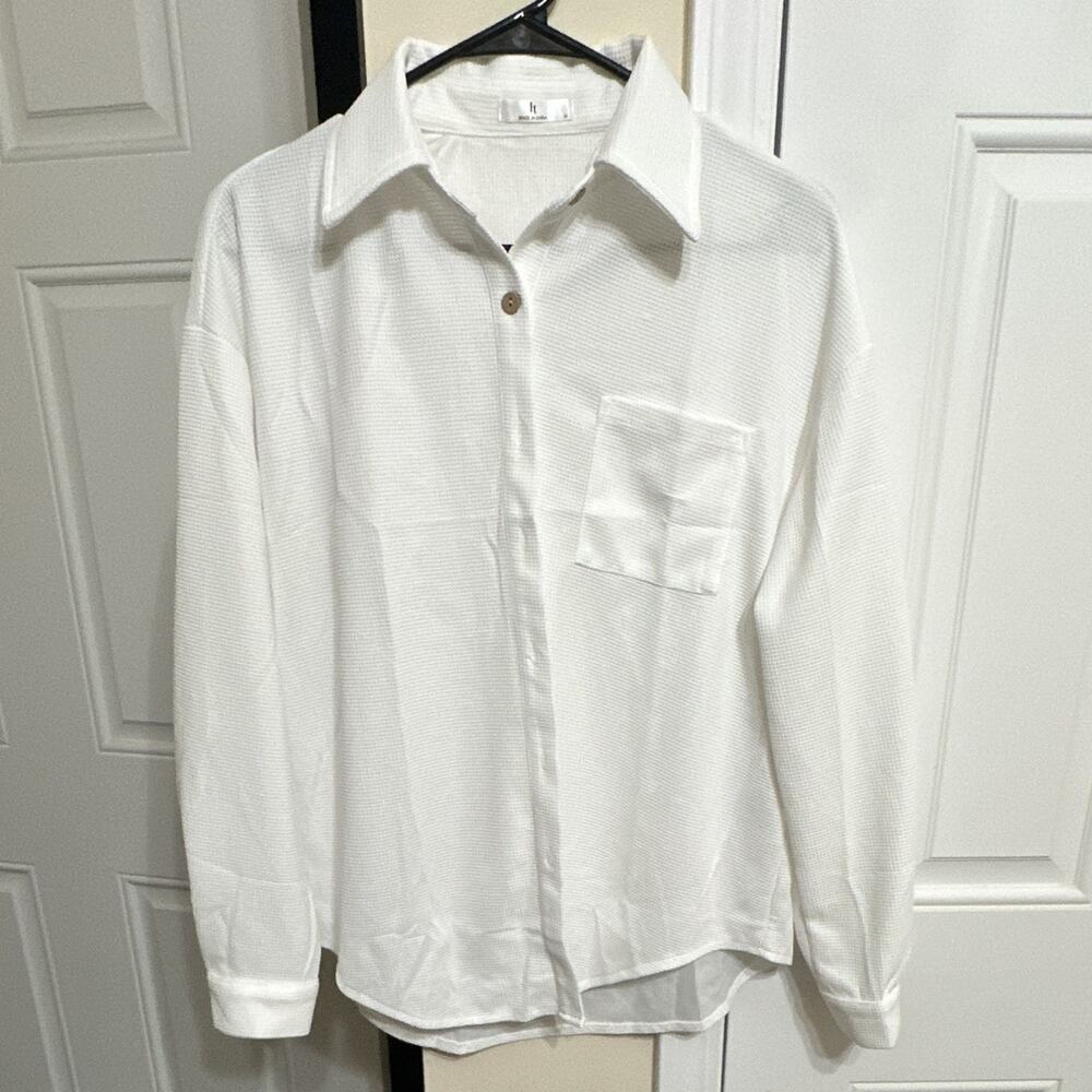 lt Womens White Woven Waffle Weave Textured Long Sleeve Button-Up Shirt